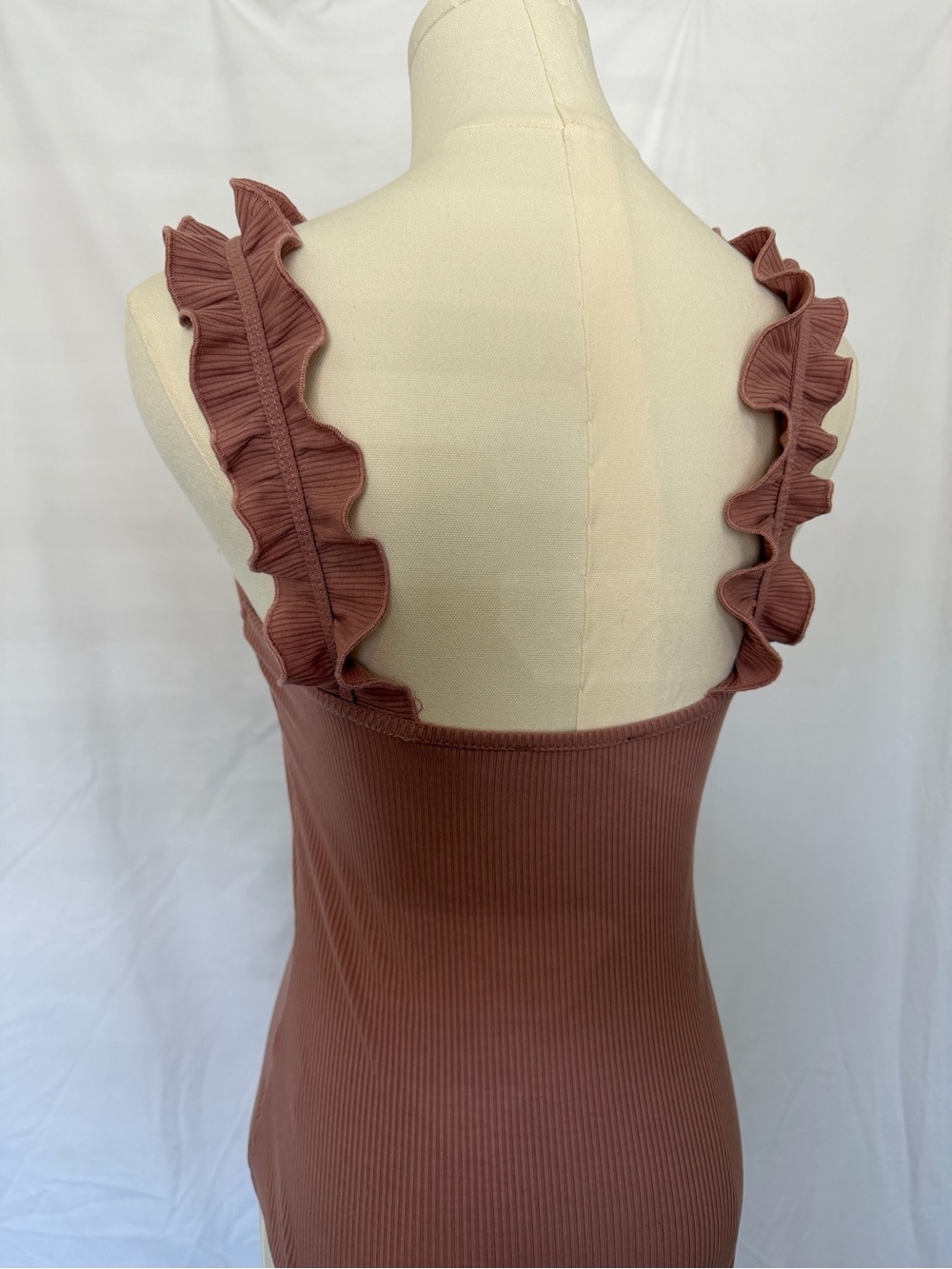 Kittenish Ruffled Strap Ribbed Bodysuit - Mauve Pink - Picture 4 of 4